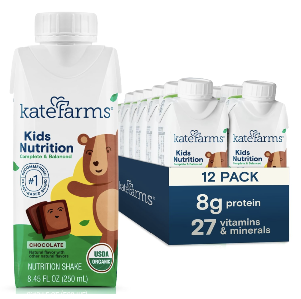 KATE FARMS Organic Kids Nutrition Chocolate Shake, 8g Protein, 27 Vitamins and Minerals, Meal Replacement, Gluten Free, Non-GMO, 8.45 oz (12 Pack)